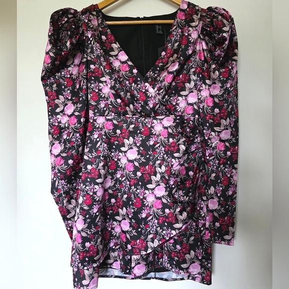 Forever 21 Black/Pink Floral V-Neck Faux Wrap Puffy Sleeve Dress Sz. Small - Picture 4 of 10